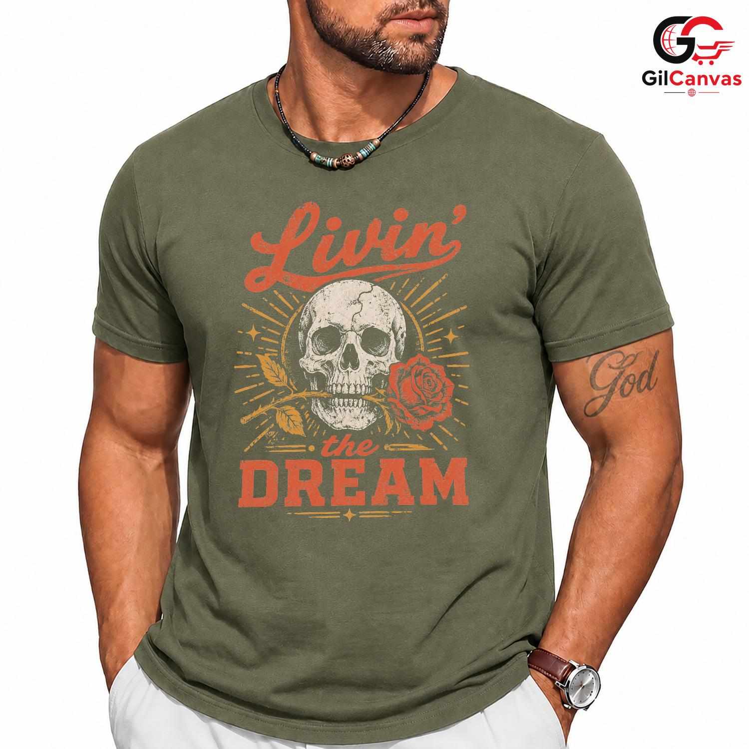 Living The Dream Skull Tee Gothic Style Halloween Casual Wear Unisex Apparel