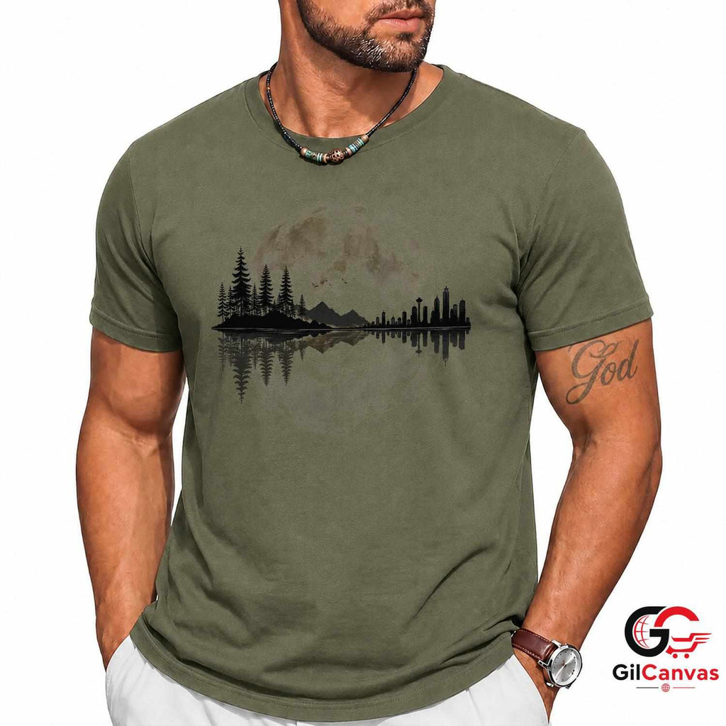 Moonlit City Forest Skyline T-Shirt Scenic Night Sky Unisex Graphic Apparel Tee