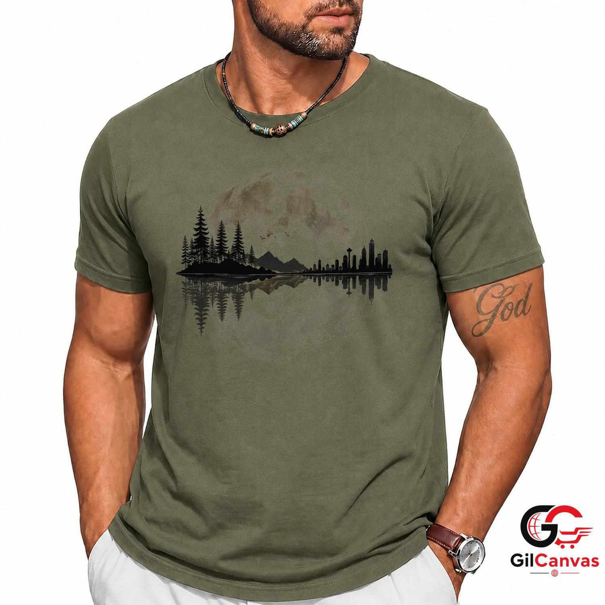 Moonlit City Forest Skyline T-Shirt Scenic Night Sky Unisex Graphic Apparel Tee