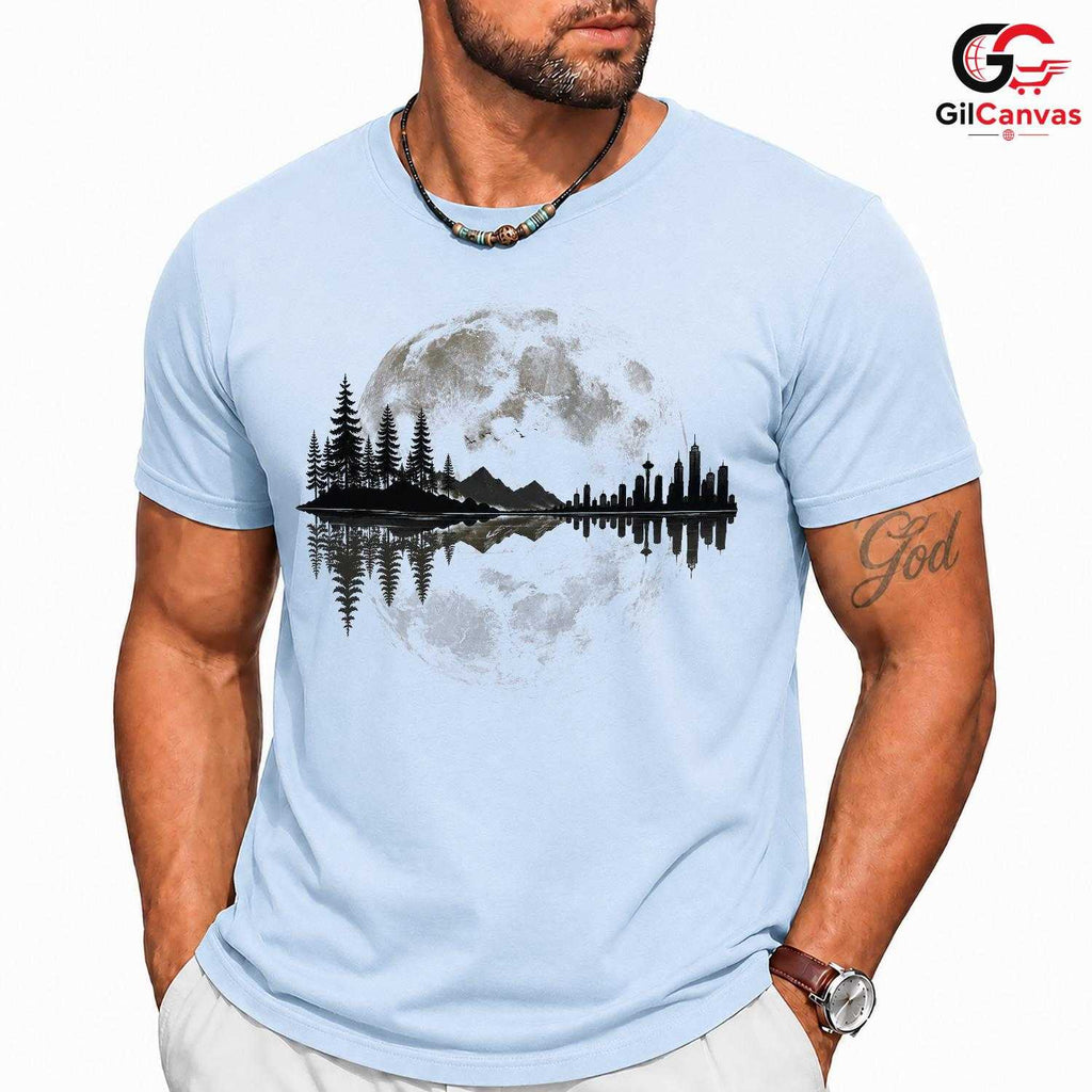 Moonlit City Forest Skyline T-Shirt Scenic Night Sky Unisex Graphic Apparel Tee