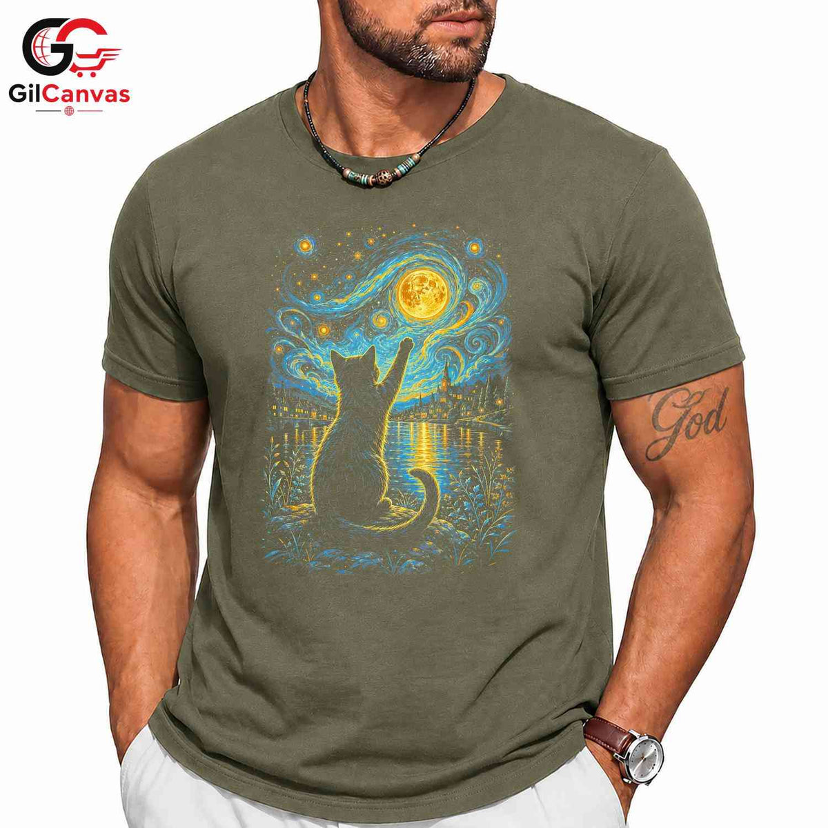 Night Sky Cat Graphic T-Shirt Moon Stars Design Perfect Gift Women Men Shirt