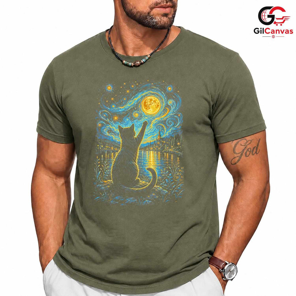 Night Sky Cat Graphic T-Shirt Moon Stars Design Perfect Gift Women Men Shirt