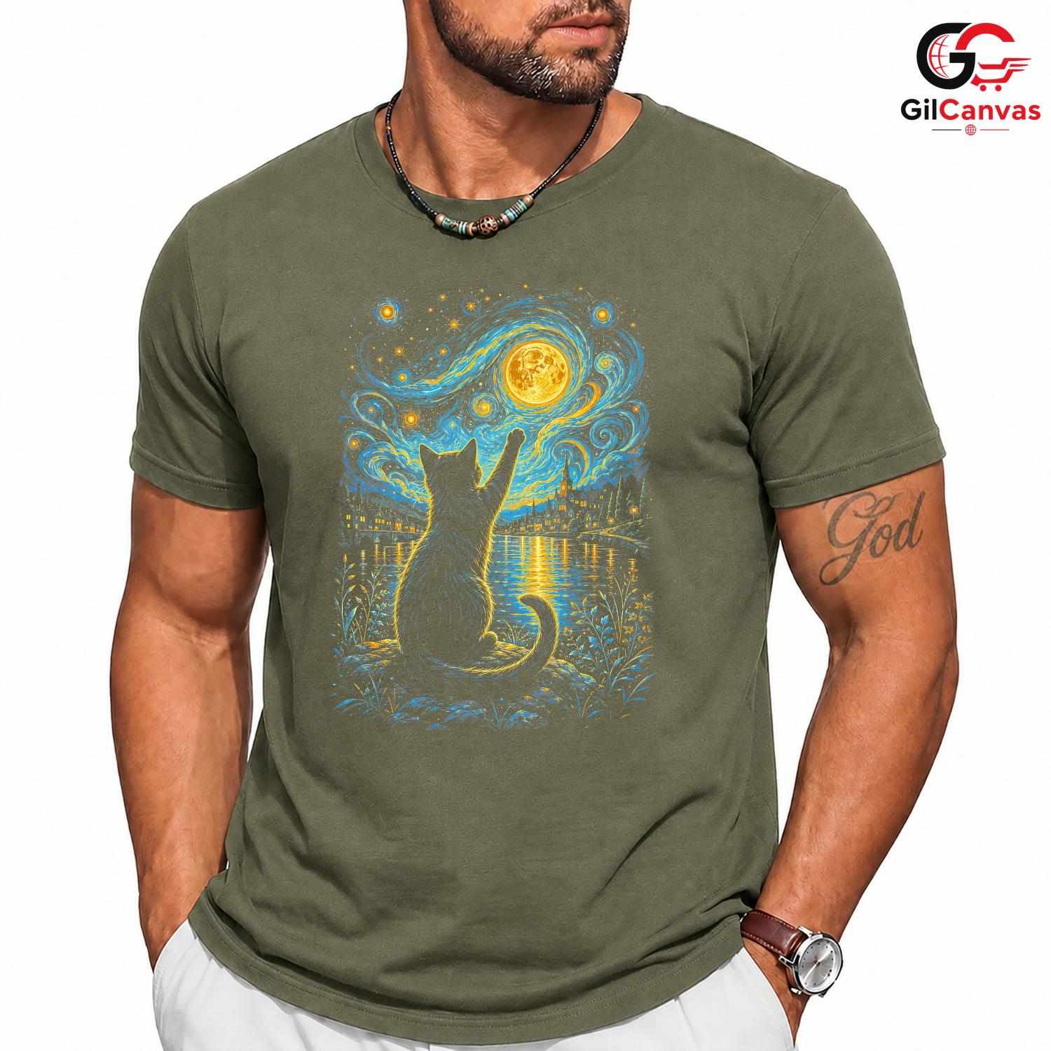 Night Sky Cat Graphic T-Shirt Moon Stars Design Perfect Gift Women Men Shirt