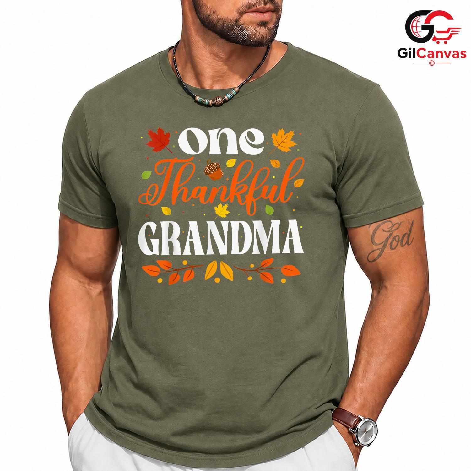 One Thankful Grandma Fall T-Shirt Unisex Autumn Leaves Thanksgiving Gift