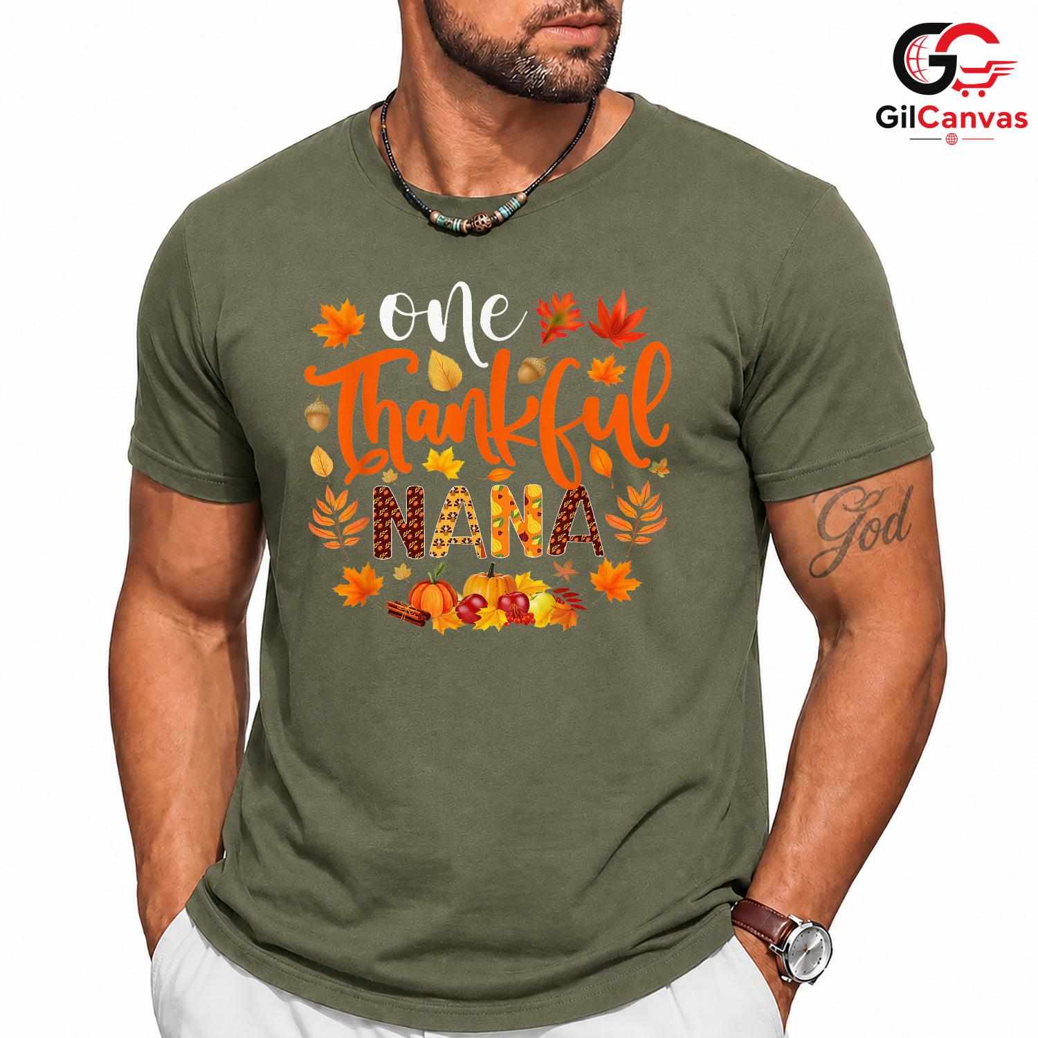 One Thankful Nana Fall T-Shirt Unisex Autumn Leaves Pumpkin Thanksgiving Gift