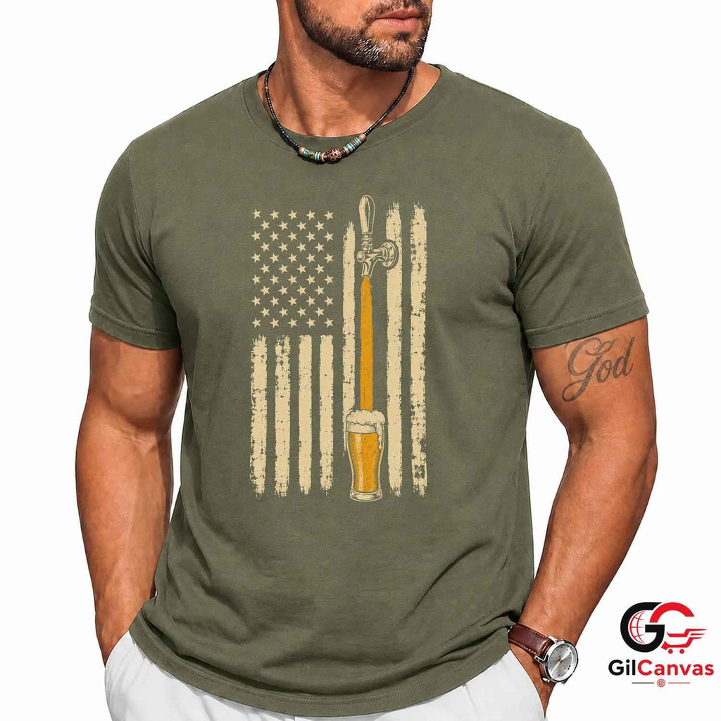Patriotic Beer Drinking Flag T-Shirt Independence Day Unisex Graphic Apparel Tee