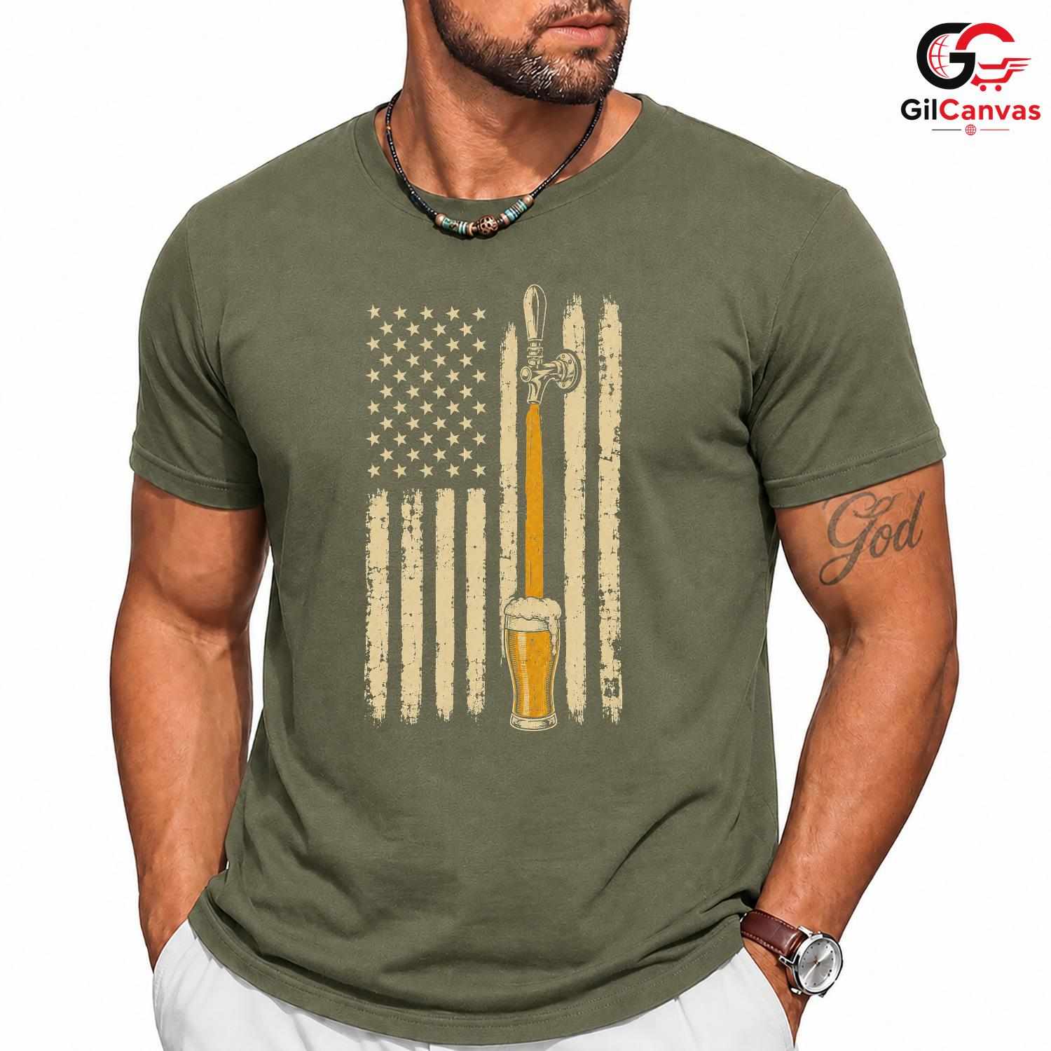 Patriotic Beer Drinking Flag T-Shirt Independence Day Unisex Graphic Apparel Tee