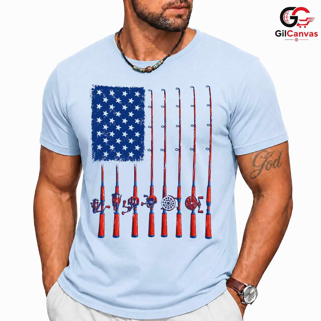 Patriotic Fishing Rod Flag T-Shirt Fourth Of July Angler Unisex Graphic Apparel