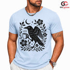 Raven Drinking Coffee T-Shirt Men Women Halloween Stylish Graphic Custom Shirt