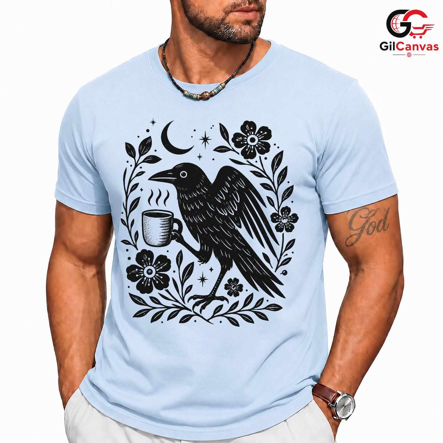 Raven Drinking Coffee T-Shirt Men Women Halloween Stylish Graphic Custom Shirt
