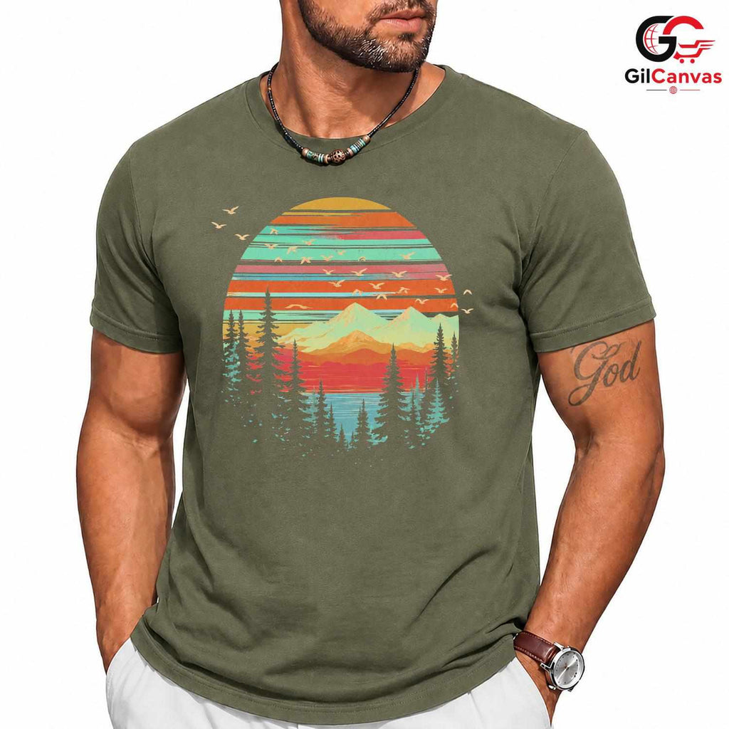 Retro Mountain Lake T-Shirt Sunset Nature Hiking Unisex Outdoor Camping Apparel
