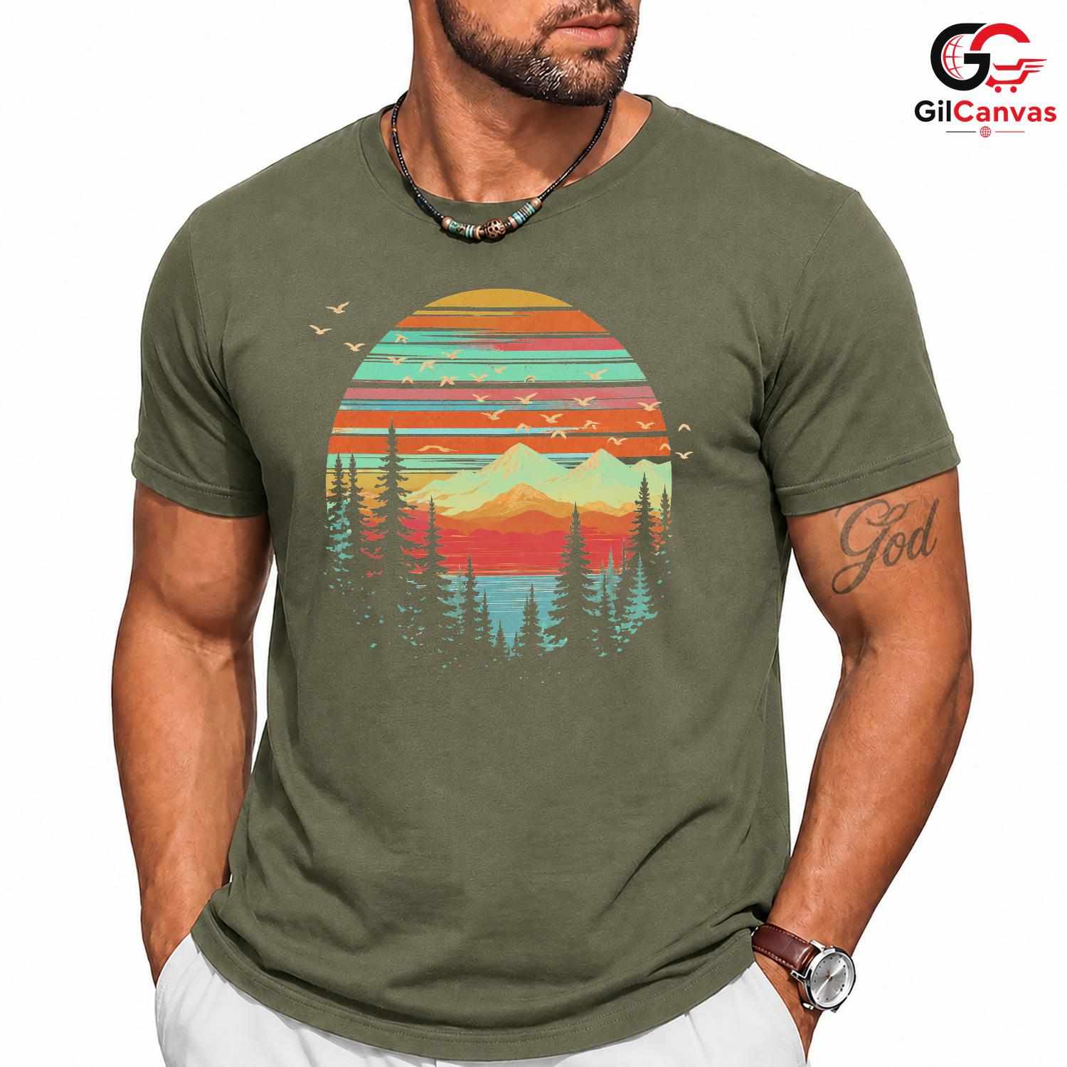 Retro Mountain Lake T-Shirt Sunset Nature Hiking Unisex Outdoor Camping Apparel