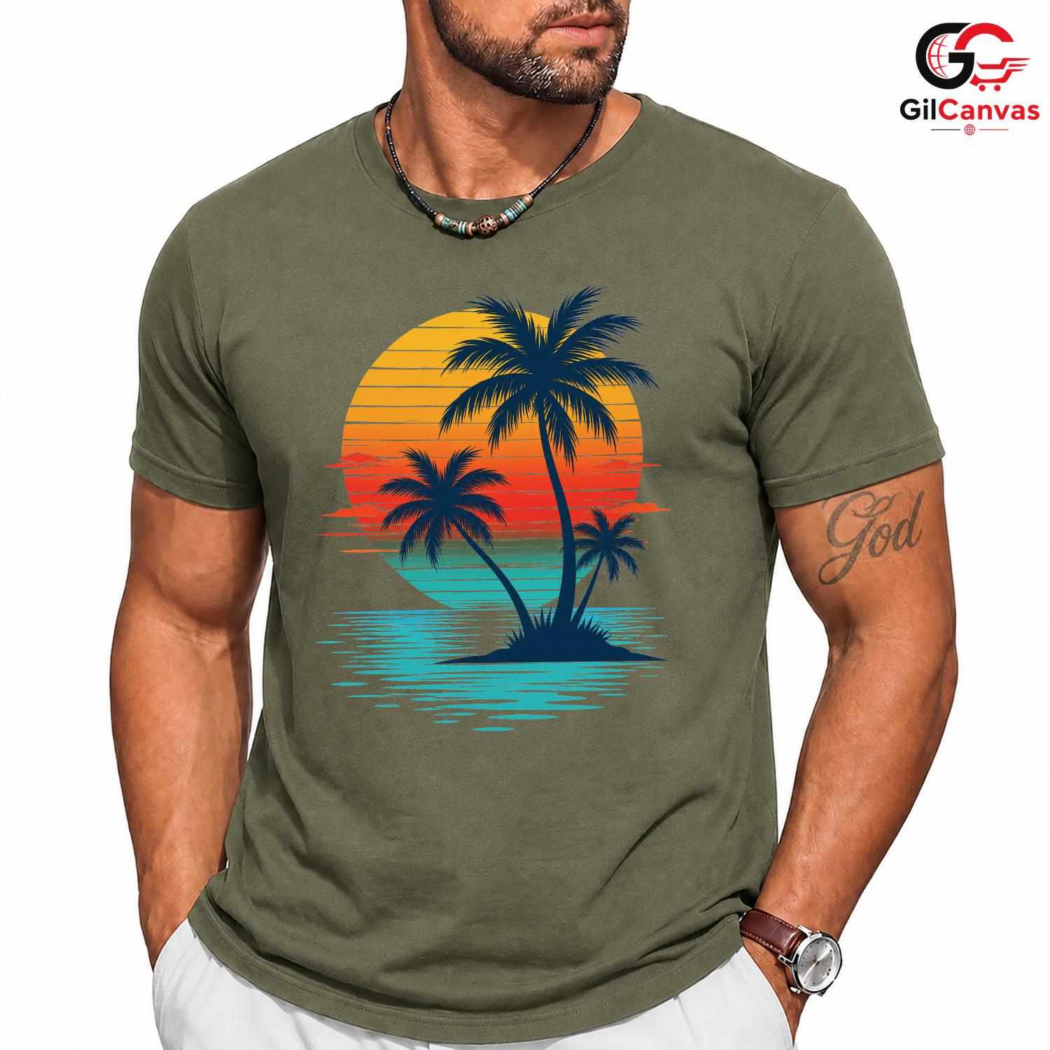 Retro Sunset Palm Tree T-Shirt Island Beach Vacation Unisex Ocean Holiday Tee