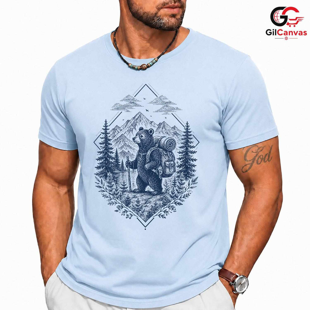 Rustic Bear Hiking Adventure T-Shirt Mountain Forest Art Unisex Graphic Apparel