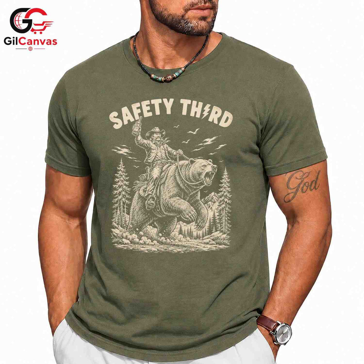 Safety Third Bear T-Shirt Cowboy Outdoor Enthusiast Adventure Graphic Unisex
