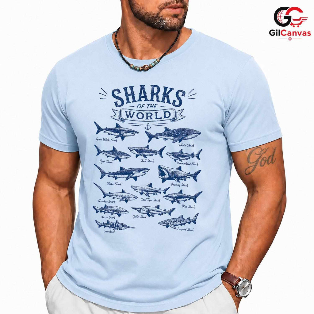Shark Species Chart Graphic T-Shirt Marine Biology Gift Unisex Vintage Apparel