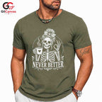 Skeleton Coffee Graphic Tee Never Better Halloween Fun Unique Unisex Apparel