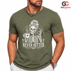 Skeleton Coffee Graphic Tee Never Better Halloween Fun Unique Unisex Apparel