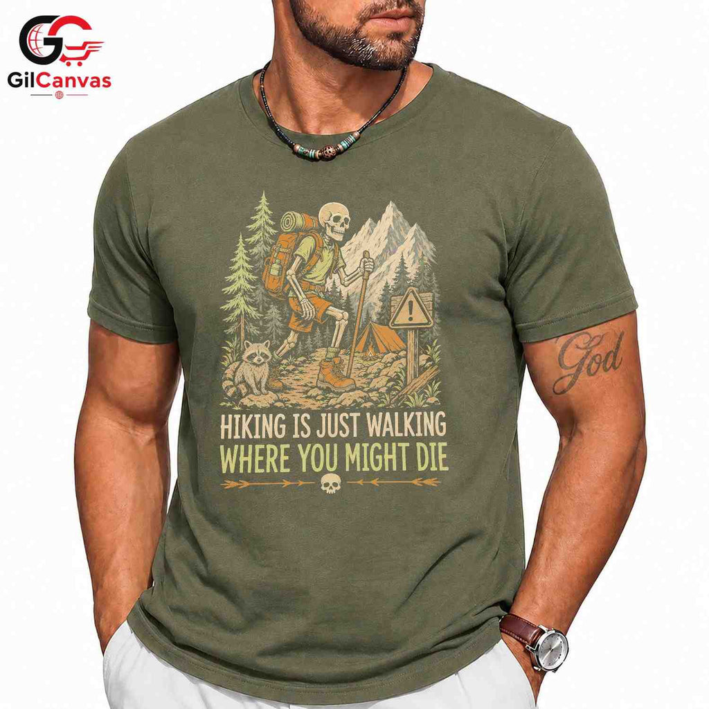 Skeleton Hiking T-Shirt Spooky Adventure Halloween Campers Unisex Graphic Tee