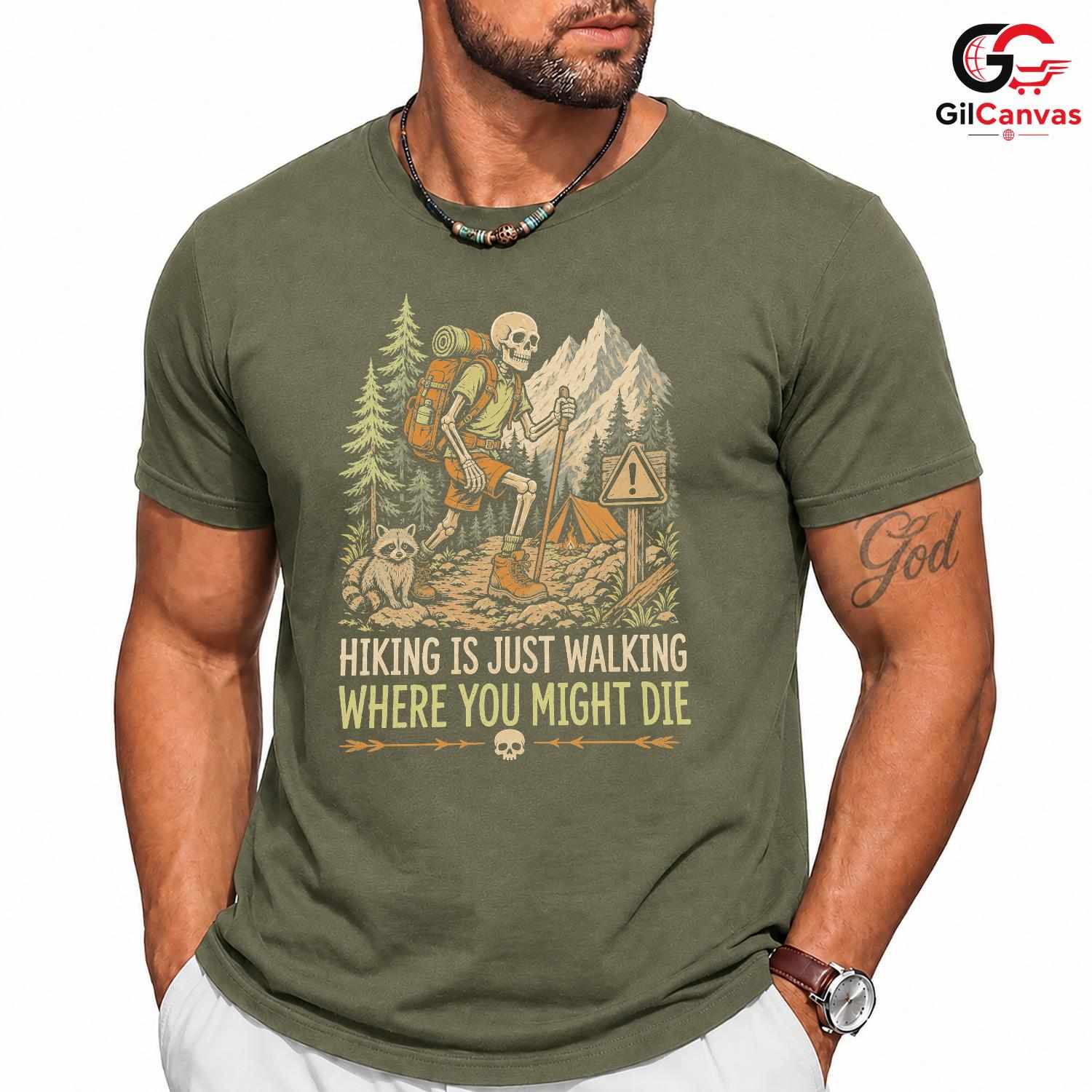 Skeleton Hiking T-Shirt Spooky Adventure Halloween Campers Unisex Graphic Tee