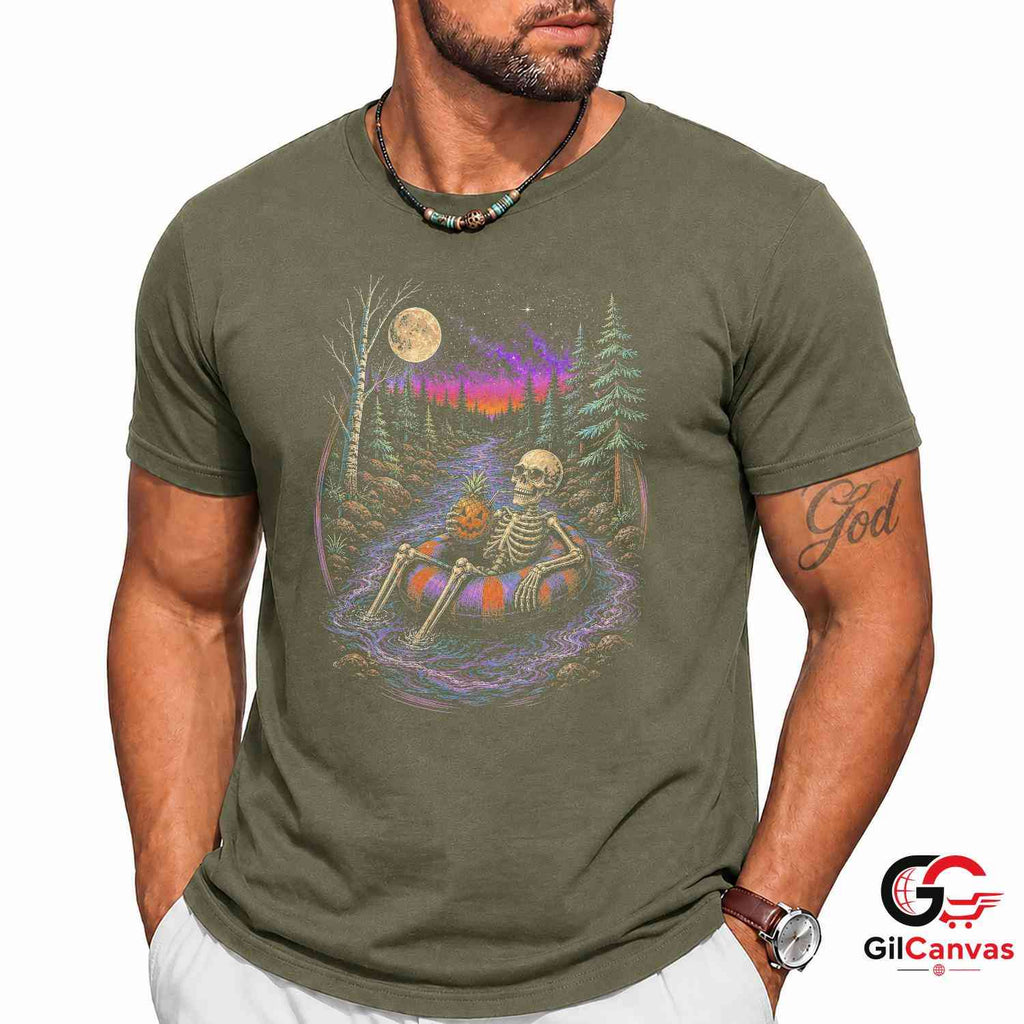 Skeleton Pineapple Float T-Shirt Spooky River Halloween Unisex Graphic Apparel