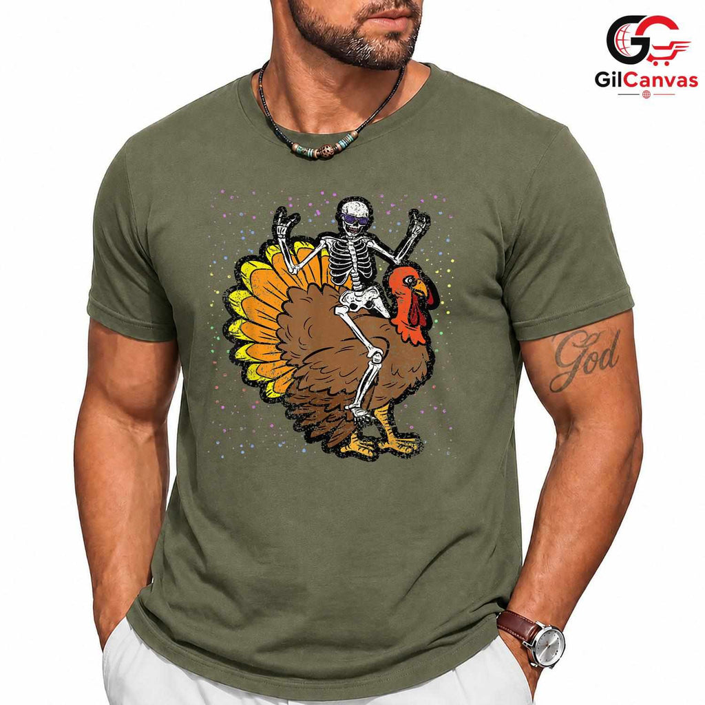 Skeleton Riding Turkey T-Shirt Unisex Funny Thanksgiving Holiday Gift Adult
