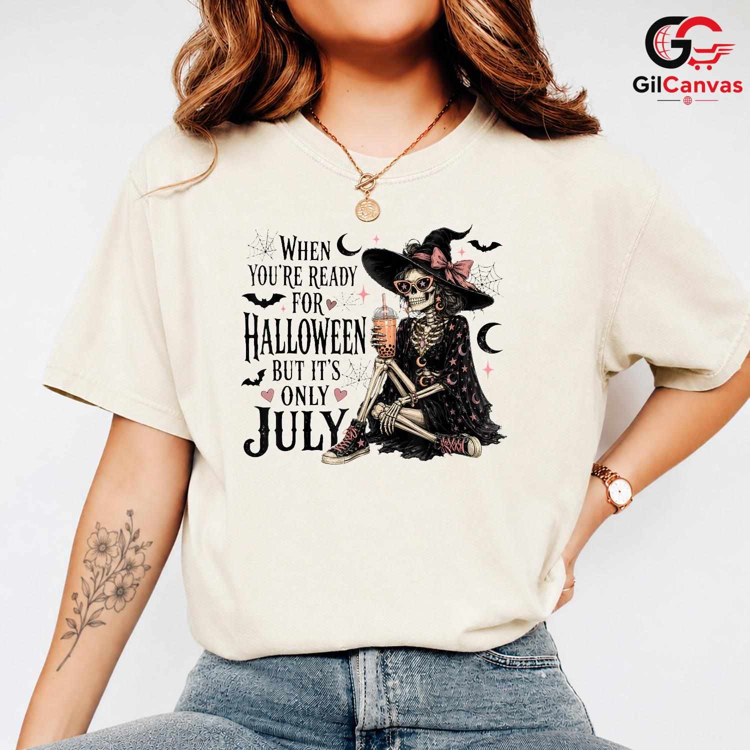 Skeleton Witch July Tee Shirt Unisex Fun Spooky Summer Celebration Gift Idea
