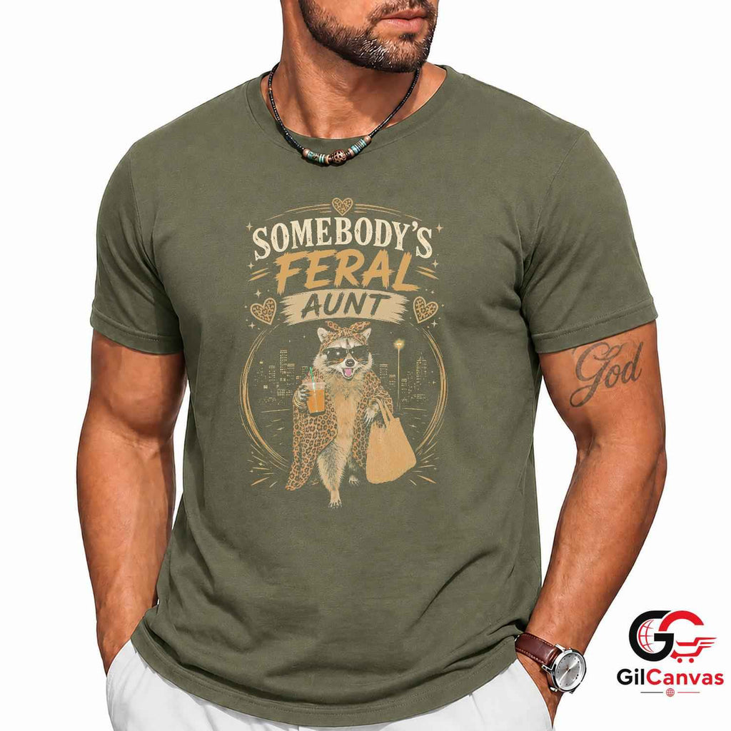 Somebodys Feral Aunt Raccoon T-Shirt Sassy Leopard Print Unisex Graphic Apparel