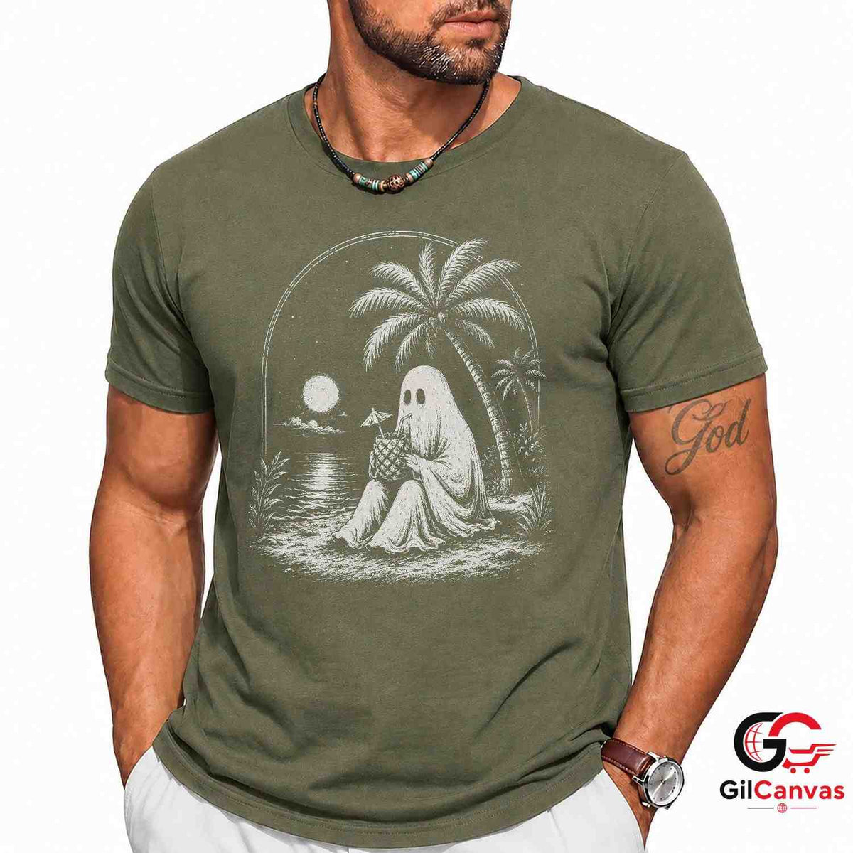 Spooky Beach Vacation Ghost T-Shirt Tropical Halloween Unisex Graphic Apparel Tee