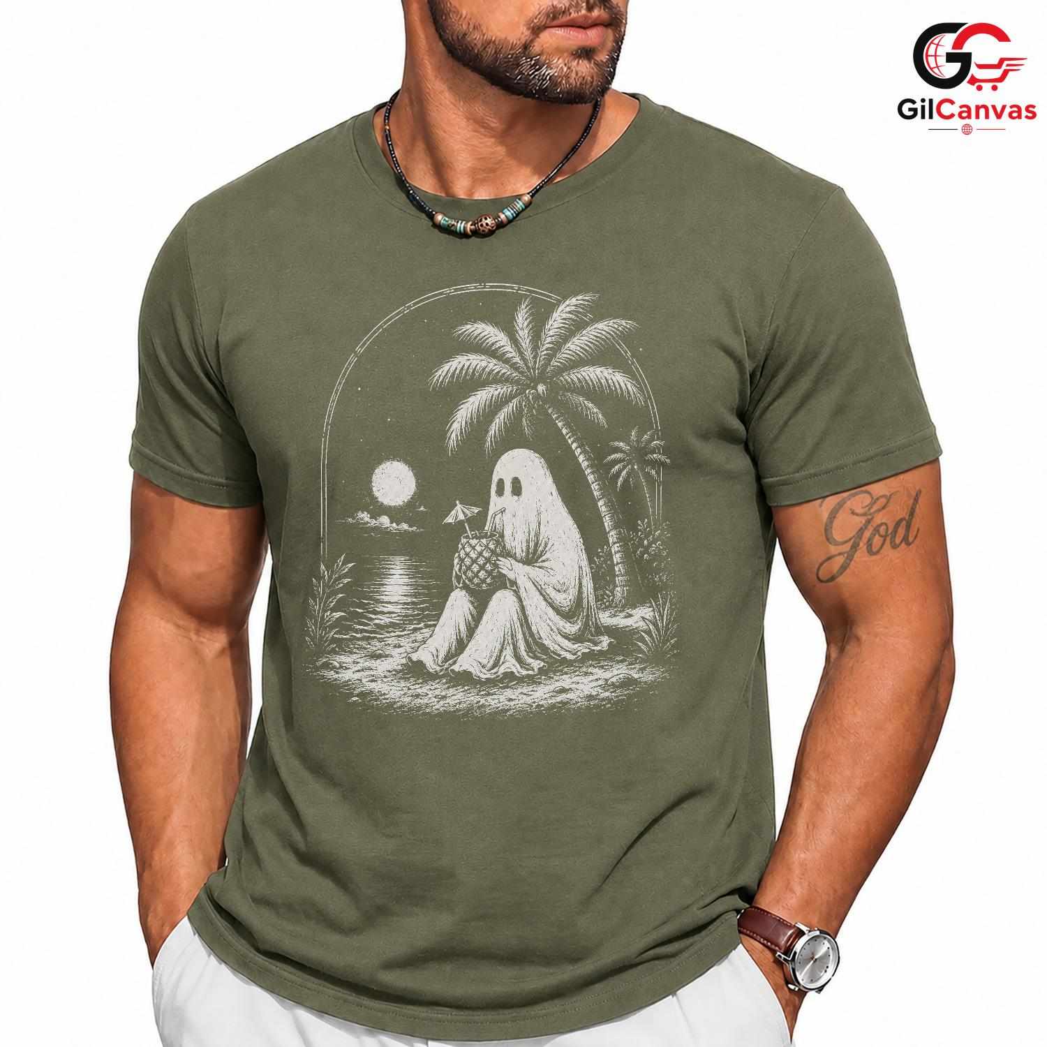 Spooky Beach Vacation Ghost T-Shirt Tropical Halloween Unisex Graphic Apparel Tee