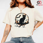 Spooky Black Cat Silhouette T-Shirt Unisex Full Moon Bat Event Gift For Kids
