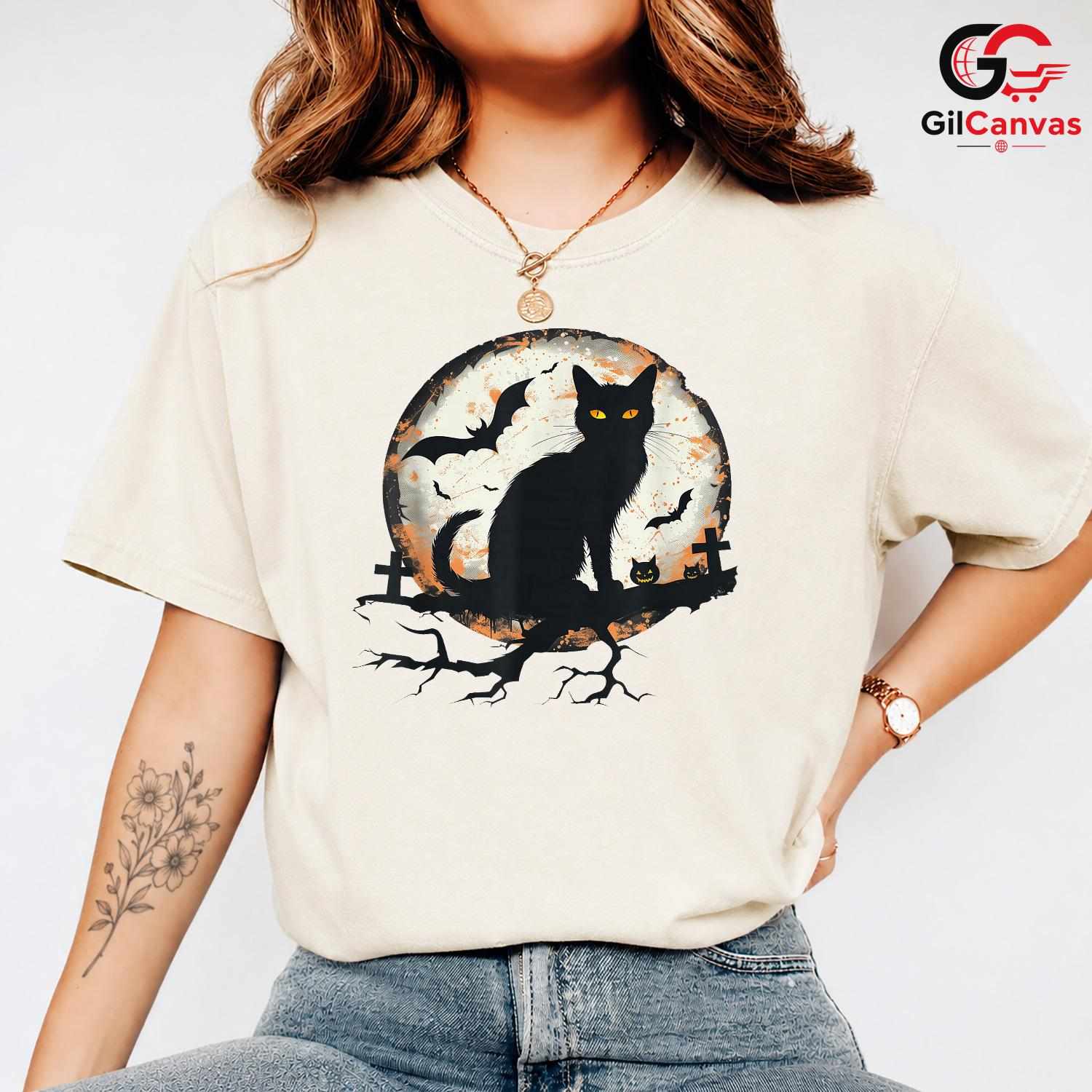 Spooky Black Cat Silhouette T-Shirt Unisex Full Moon Bat Event Gift For Kids