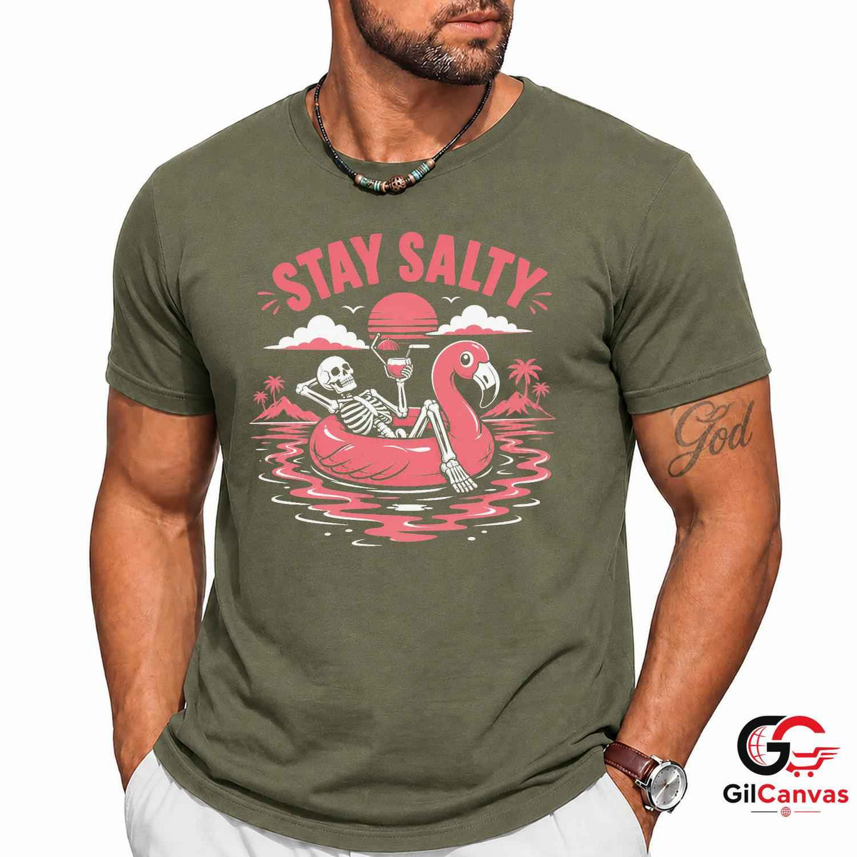 Stay Salty Skeleton Flamingo T-Shirt Tropical Summer Beach Unisex Graphic Apparel