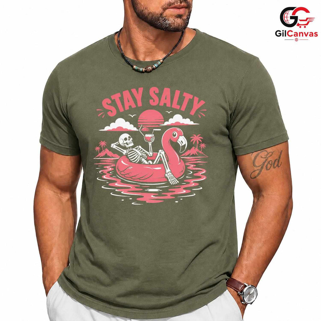 Stay Salty Skeleton Flamingo T-Shirt Tropical Summer Beach Unisex Graphic Apparel