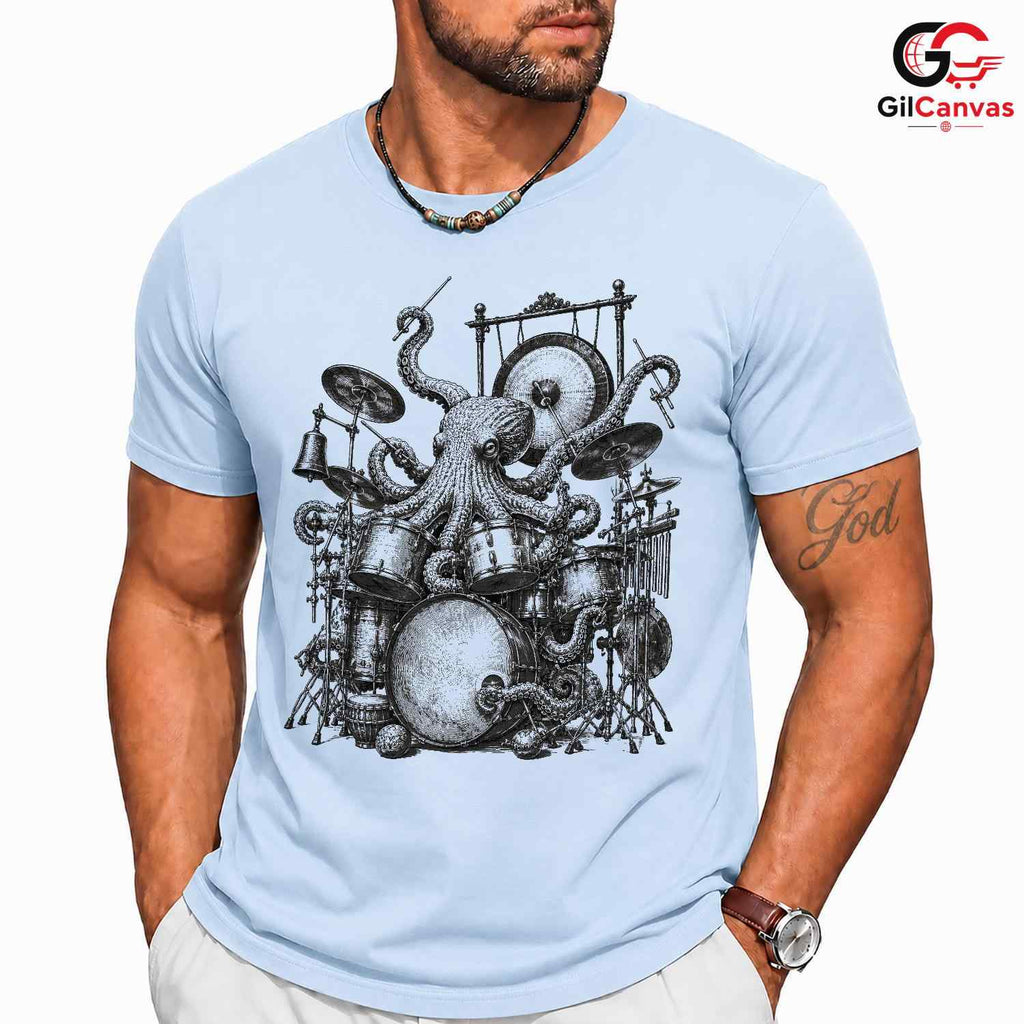 Steampunk Octopus Drum T-Shirt Concert Festival Band Unisex Musician Gift Tee
