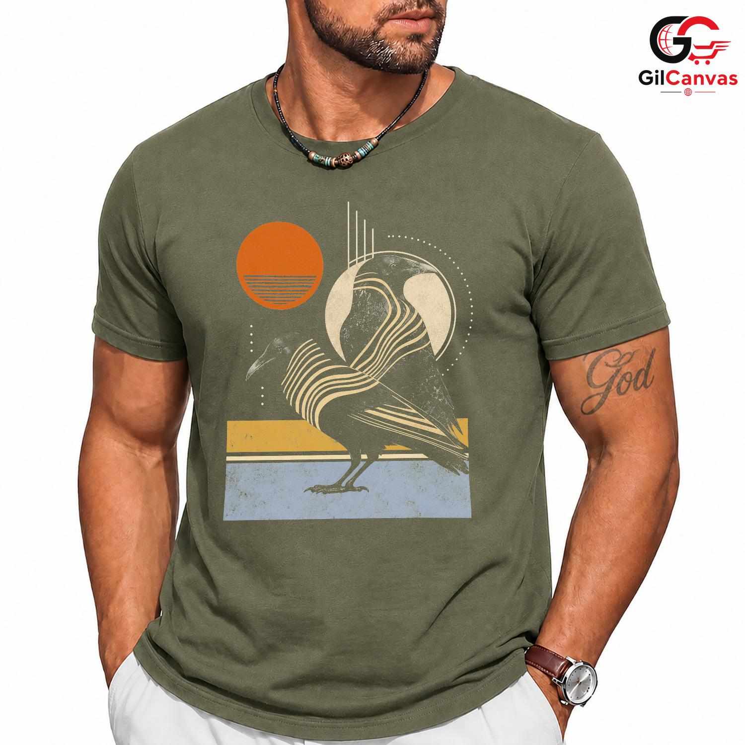 Stylish Spooky Raven T-Shirt Halloween Bird Graphic Unisex Casual Apparel Tee