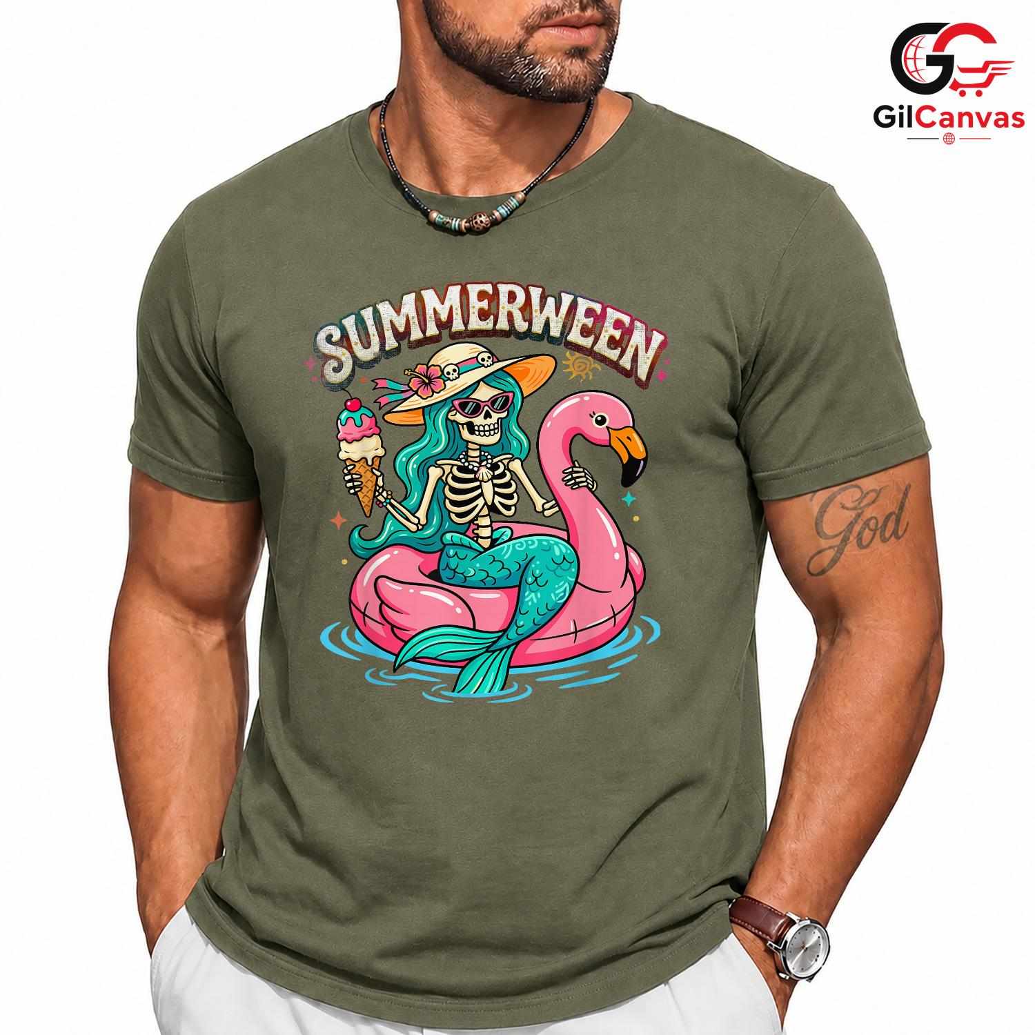 Summer Flamingo Skeleton Shirt Unisex Fun Summerween Vacation Gift All Ages