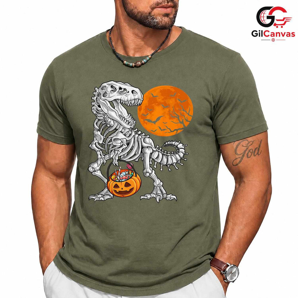 T-Rex Skeleton Pumpkin Tee Shirt Unisex Fun Spooky Halloween Gift Kids Adults