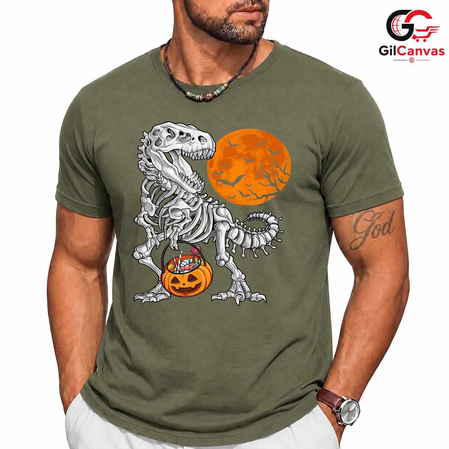 T-Rex Skeleton Pumpkin Tee Shirt Unisex Fun Spooky Halloween Gift Kids Adults