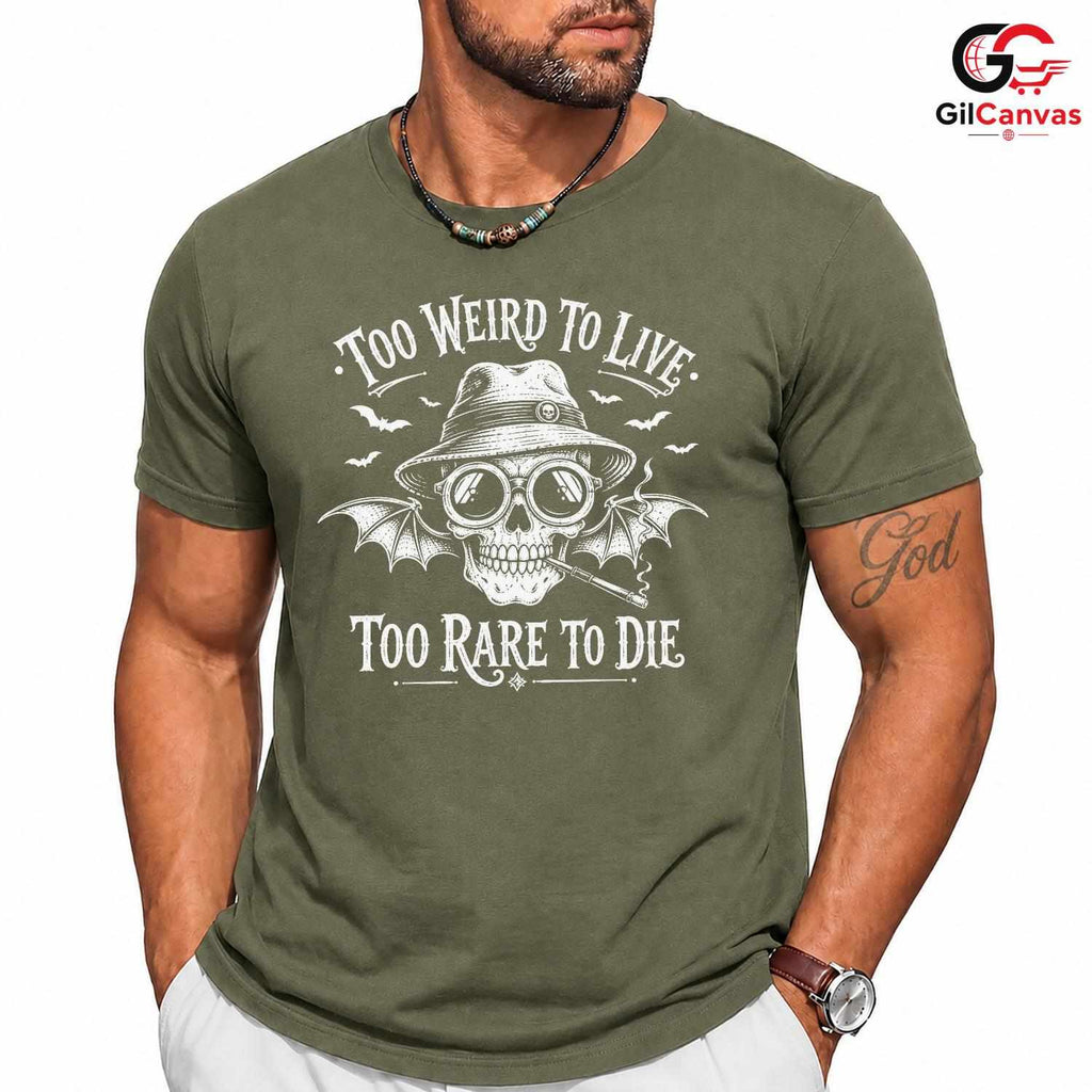 Too Weird To Live Skull Shirt Edgy Gothic Halloween Unisex Bat Graphic Apparel
