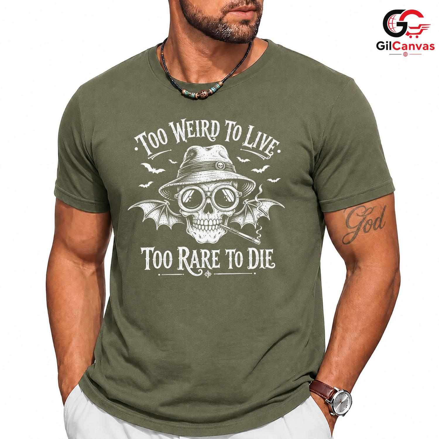Too Weird To Live Skull Shirt Edgy Gothic Halloween Unisex Bat Graphic Apparel