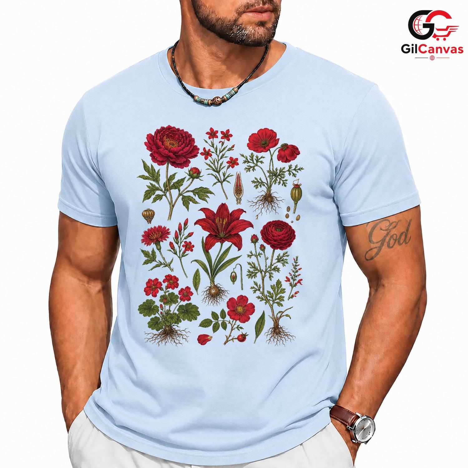 Vintage Red Floral T-Shirt Garden Party Stylish Wear Unisex Casual Apparel