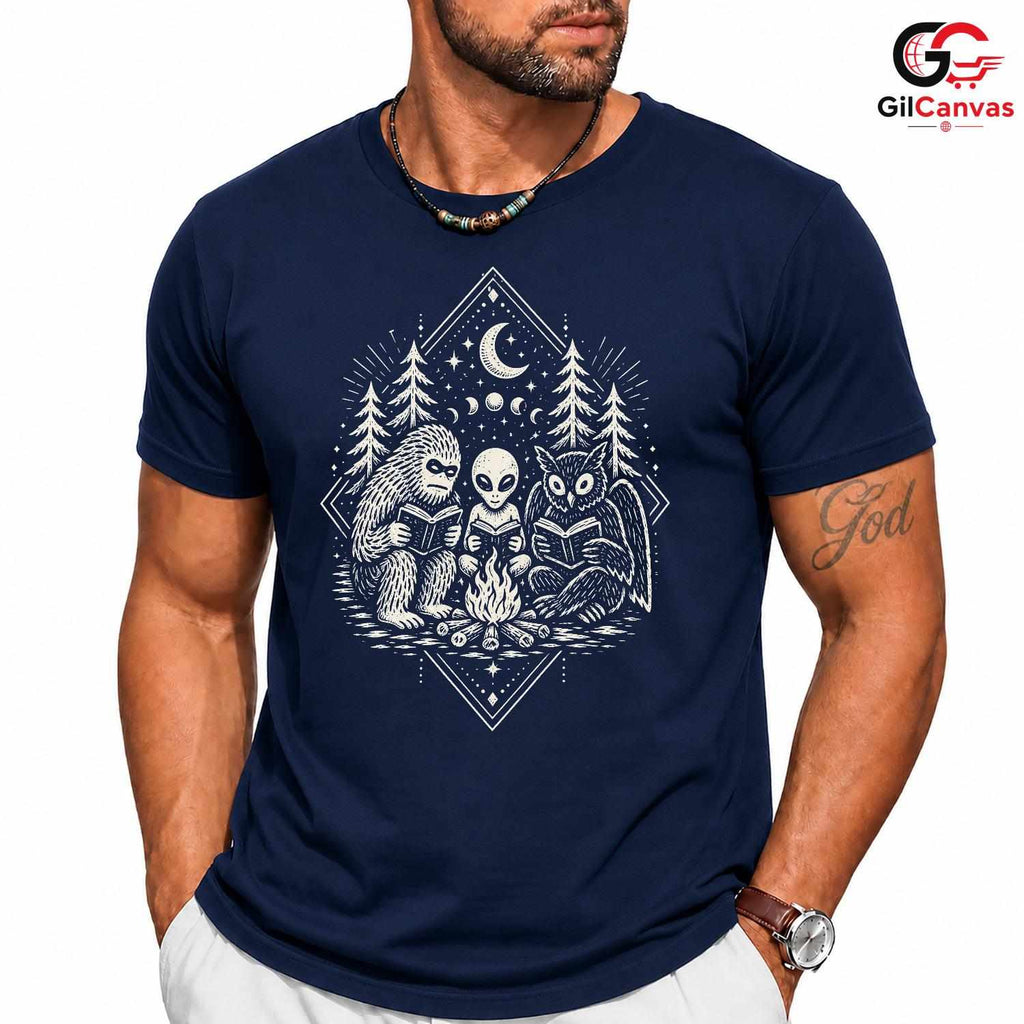 Alien Sasquatch Owl T-Shirt Unisex Cosplay Adventure Reading Stars Graphic Apparel