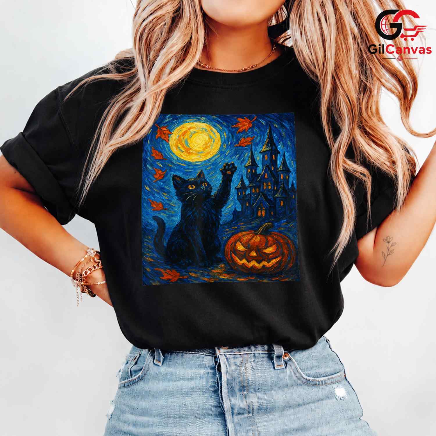 Artistic Starry Haunted Cat T-Shirt Unisex Spooky Full Moon Gift For Kids