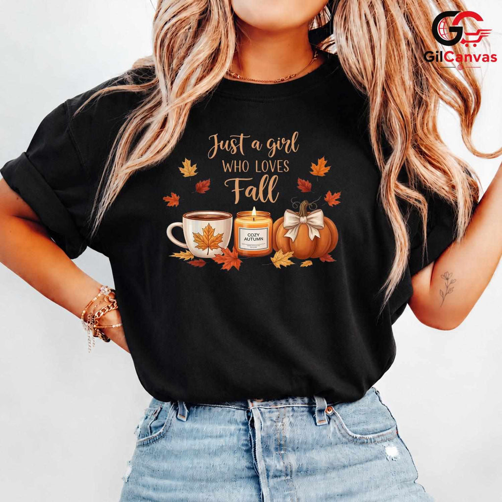 Autumn Girl Pumpkin Leaves Tee Unisex Cute Fall Season Celebration Gift Her