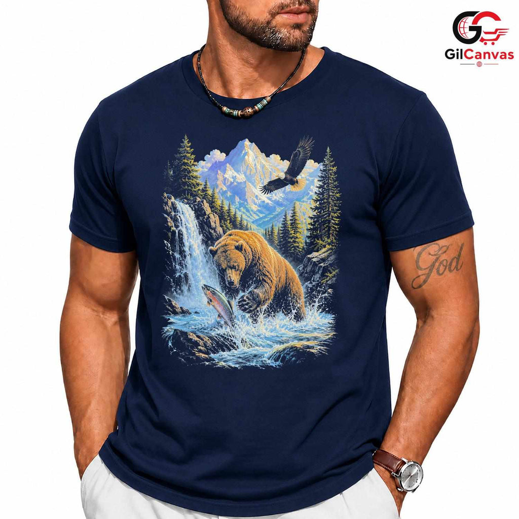 Bear Fishing Wildlife T-Shirt Nature Lover Outdoor Adventure Unisex Apparel