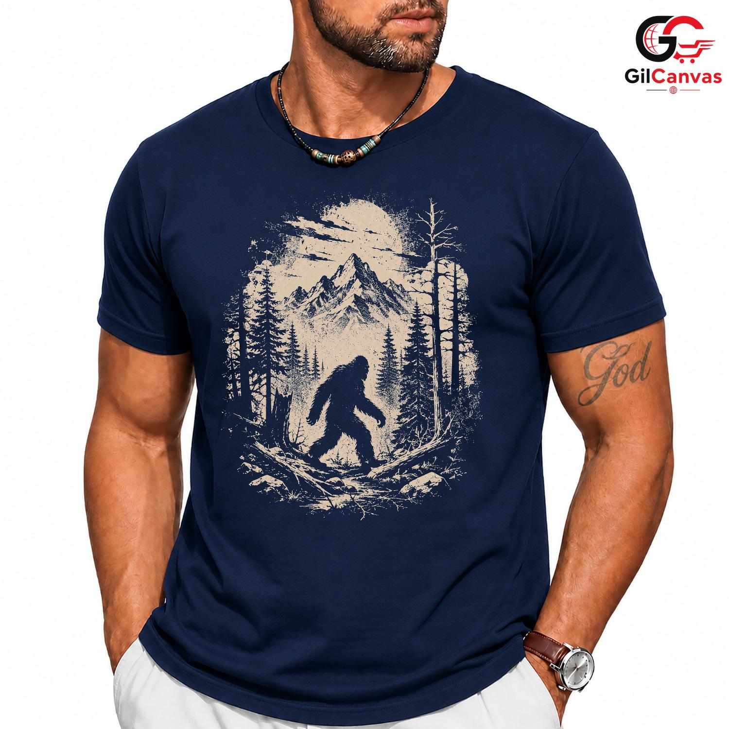 Bigfoot Forest Moon T-Shirt Wilderness Halloween Unisex Mountain Graphic Tee