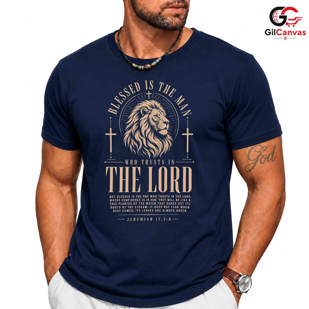 Blessed Man Lion Cross T-Shirt Christian Faith Religious Unisex Easter Gift Tee