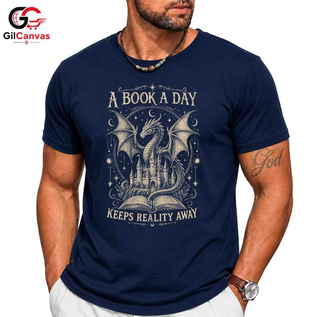 Book A Day Dragon T-Shirt Fantasy Themed Lover Graphic Novelty Unisex Apparel