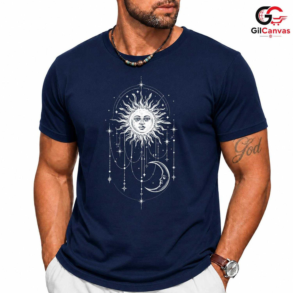 Celestial Sun Moon Stars T-Shirt Bohemian Witchy Art Unisex Graphic Apparel Tee